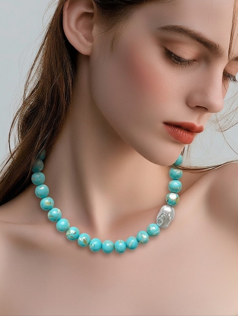 Mayamar Turquoise Bead Necklace with Baroque Pearl